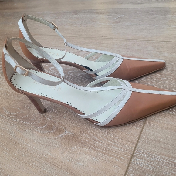 Lauren Ralph Lauren Tan and White Pointy Toe Ankle Strap Heels, Size 9.5 - Picture 1 of 10